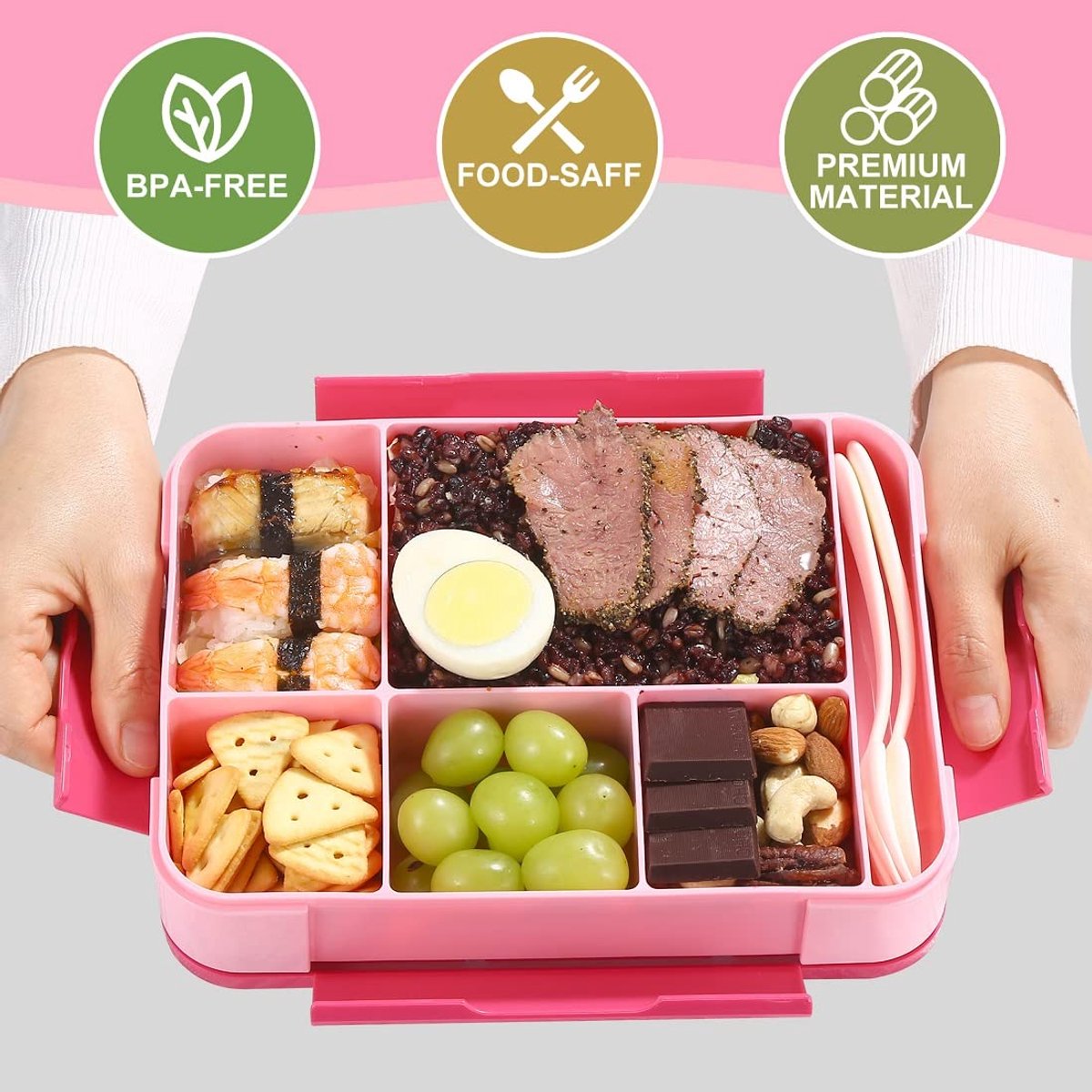 Lunch Box - Bento Box - Lunch Box - Adult Lunch Box - Children's Lunch Box - With 5 Compartments - Durable - Microwave/Dishwasher Safe - Ideal for Meals at Restaurants, Work, School - Pink - Image 3