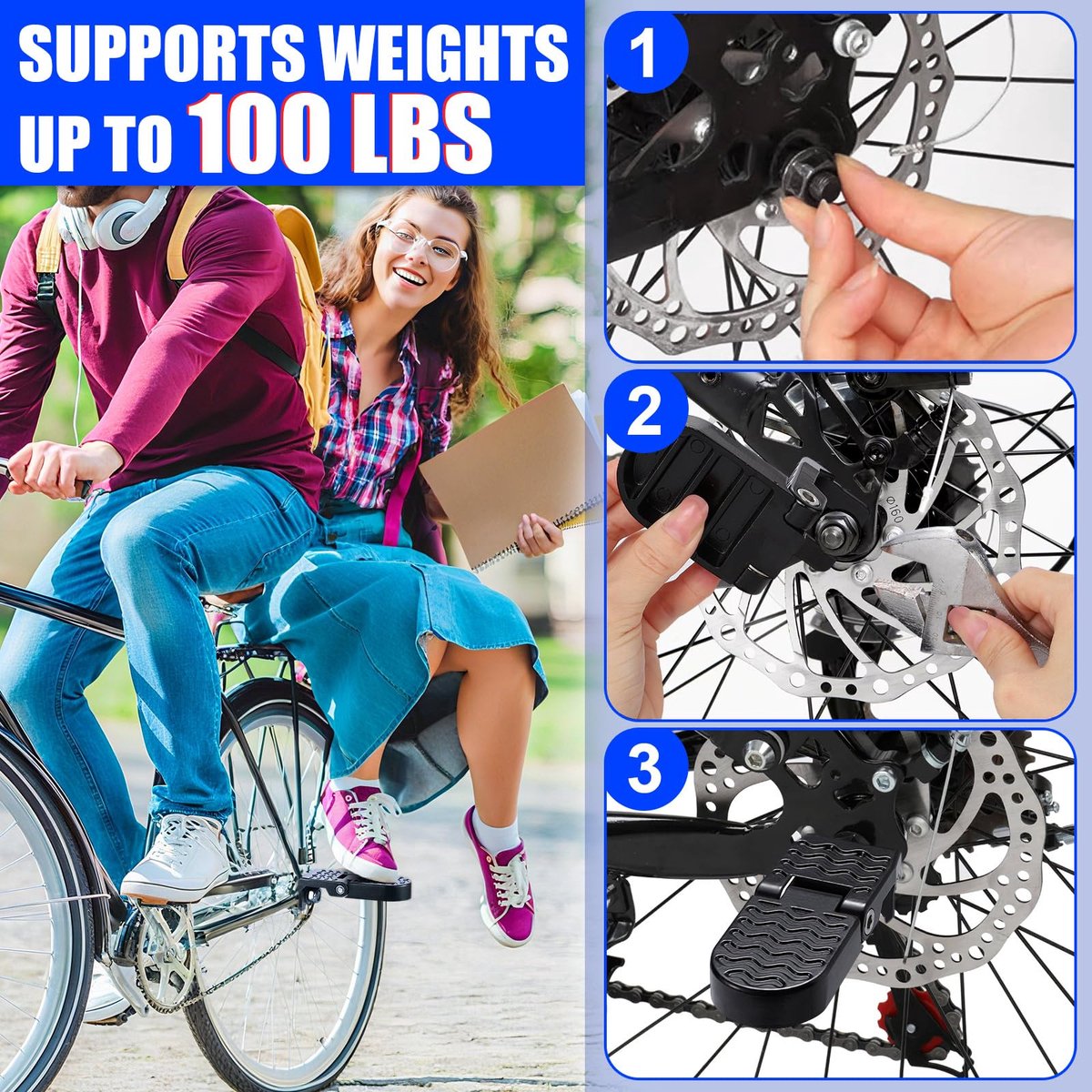 Rear bicycle pedals - Bicycle pedals - pedal - aluminum bicycle pedals - non-slip electric bicycle pedals - folding pedals - for electric bikes, mountain bikes, folding bikes - 15 mm U-slot - black - Image 7