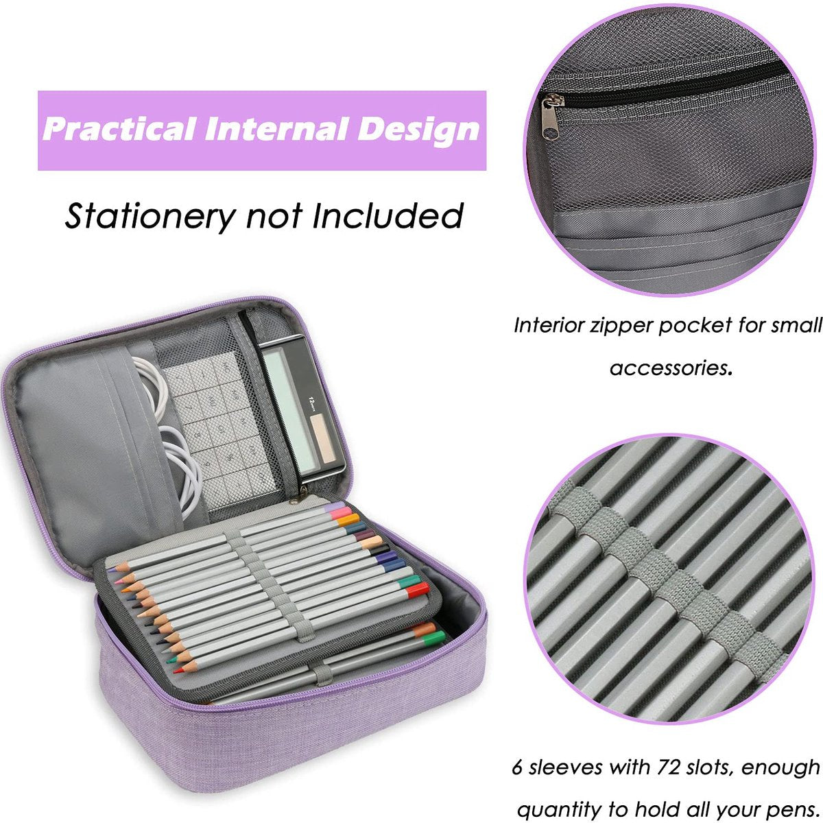 AMGOMH 72-slot pencil case, large capacity, student stationery, colored pencils, with inner pocket for small gadgets (purple) - Image 3