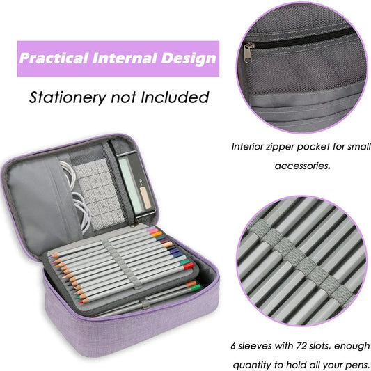 AMGOMH 72-slot pencil case, large capacity, student stationery, colored pencils, with inner pocket for small gadgets (purple) - Image 3