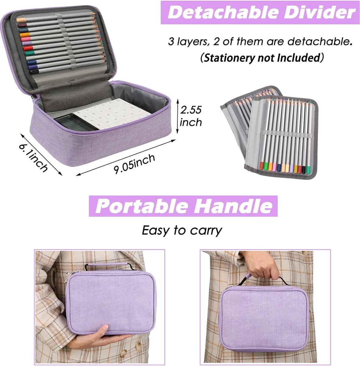 AMGOMH 72-slot pencil case, large capacity, student stationery, colored pencils, with inner pocket for small gadgets (purple) - Image 4