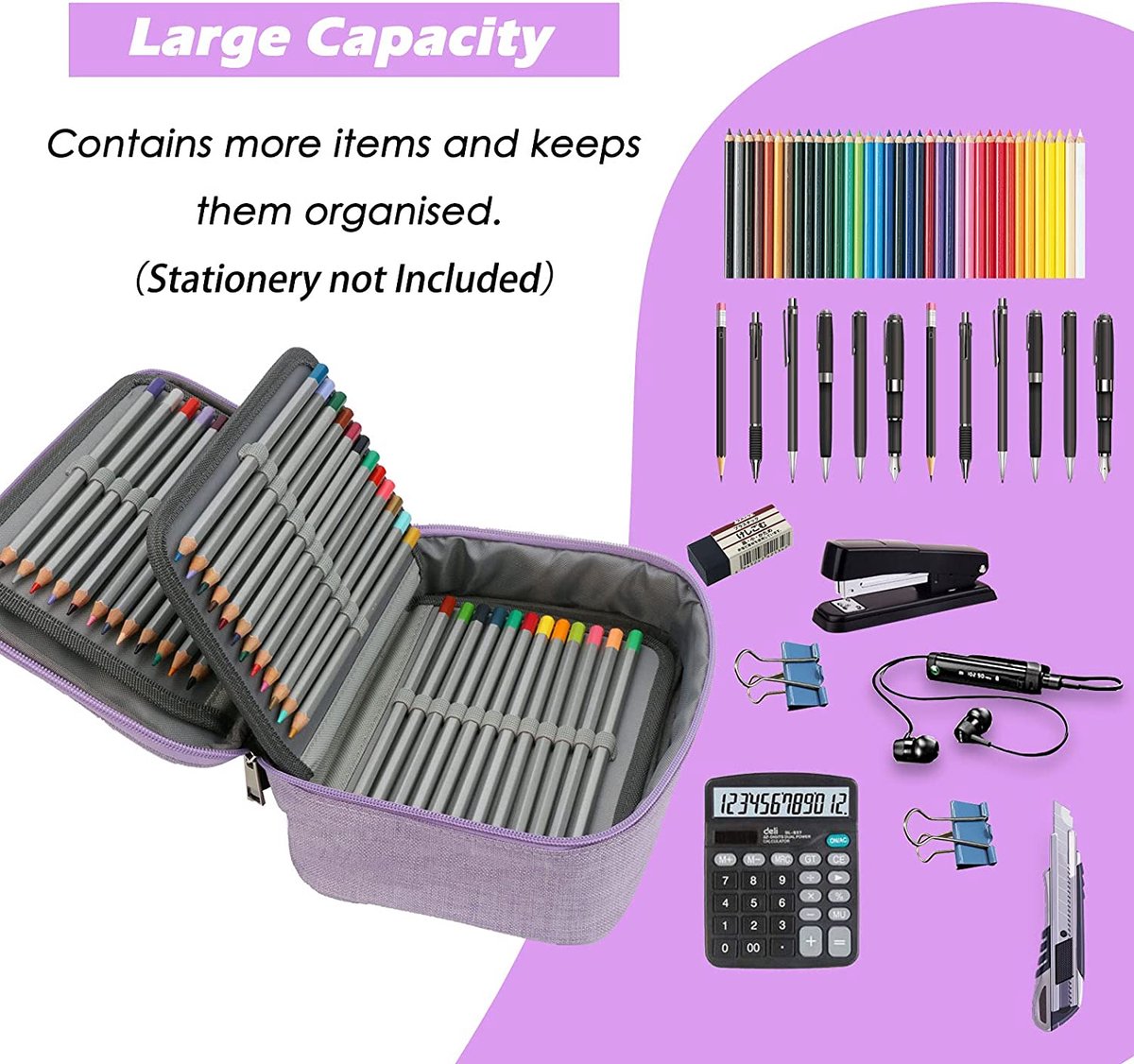 AMGOMH 72-slot pencil case, large capacity, student stationery, colored pencils, with inner pocket for small gadgets (purple) - Image 5