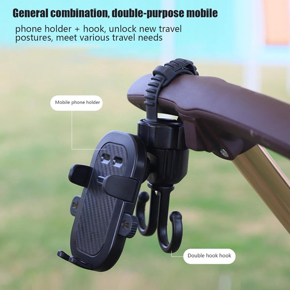 Phone holder for bicycle, stroller, portable stroller hanger, 2-in-1 shopping trolley hook, shopping bag holder, sturdy and adjustable, compatible with most strollers and bicycles - Image 4