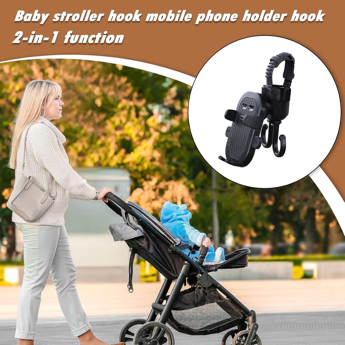Phone holder for bicycle, stroller, portable stroller hanger, 2-in-1 shopping trolley hook, shopping bag holder, sturdy and adjustable, compatible with most strollers and bicycles - Image 5