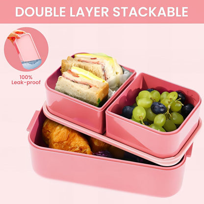 Children's bento box with compartments, 1300 ml, 2-in-1 3-compartment bento box, leakproof, for adults, for breakfast, BPA-free, pink - Image 2