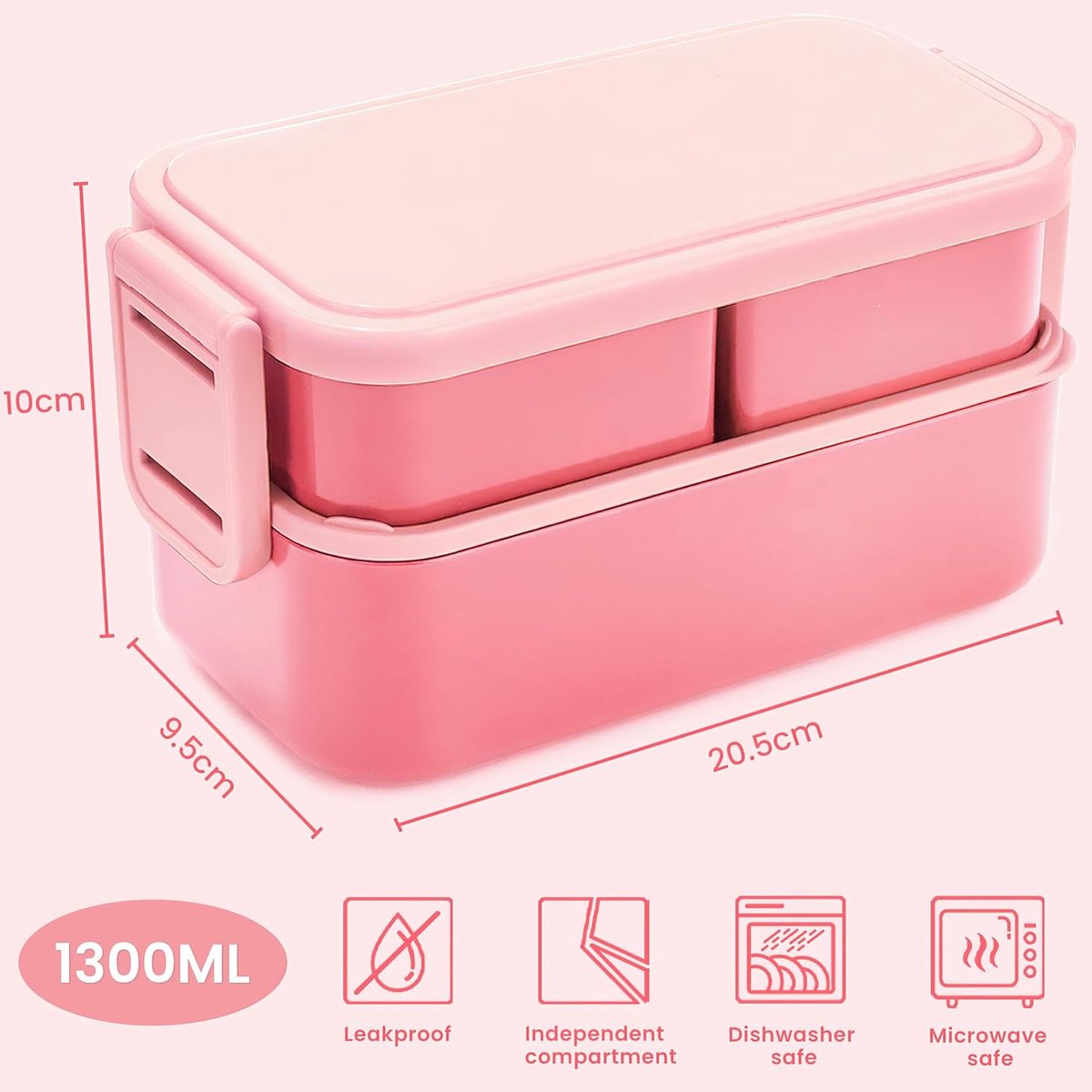 Children's bento box with compartments, 1300 ml, 2-in-1 3-compartment bento box, leakproof, for adults, for breakfast, BPA-free, pink - Image 3