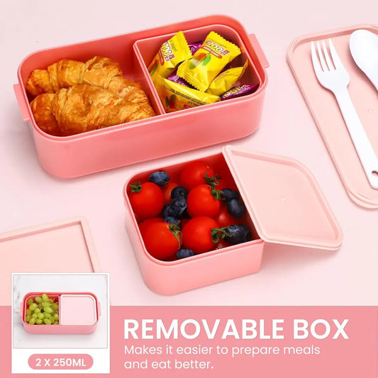 Children's bento box with compartments, 1300 ml, 2-in-1 3-compartment bento box, leakproof, for adults, for breakfast, BPA-free, pink - Image 4