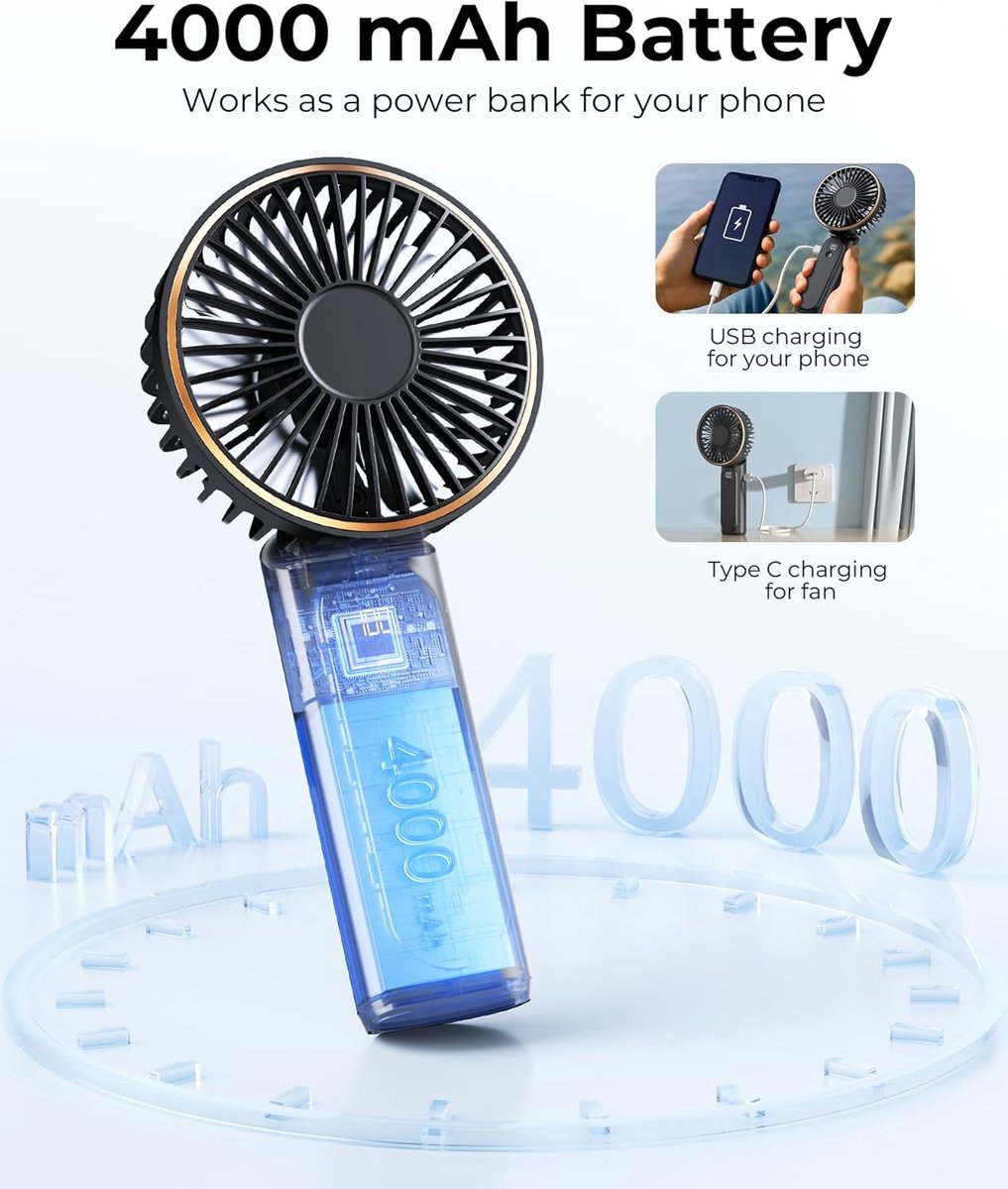Handheld Fan - Mini Portable Fan - Rechargeable - Power Bank - 6 Settings - Black - Image 2