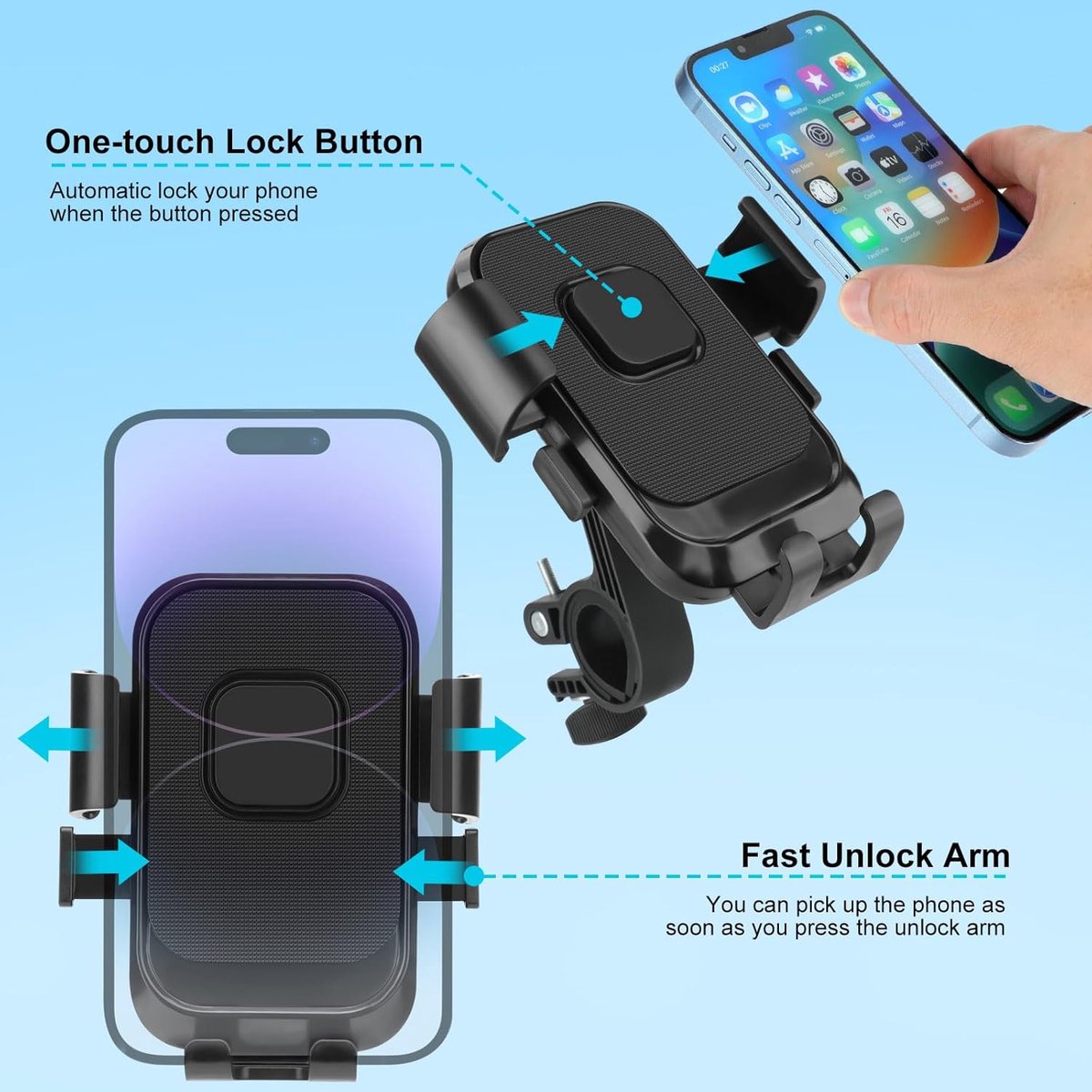 Bicycle Phone Holder - Motorcycle Phone Holder - 1 Second Automatic Locking - 360 Degree Rotating Bicycle Handlebar Phone Holder - Suitable for Mountain Bikes, Electric Scooters, and Other Models - Image 6