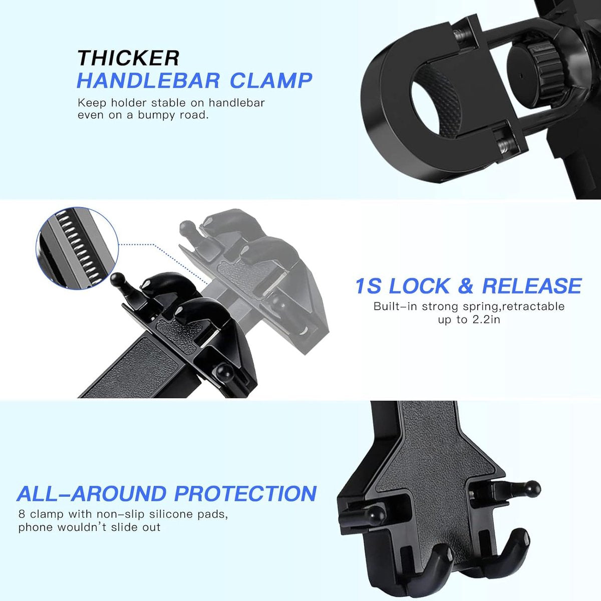 Motorcycle phone mount - Bicycle phone mount - Heavy-duty clamp for motorcycle handlebars - One-handed operation - Scooter phone mount - For phones from 4.7" to 7.25" - Image 2