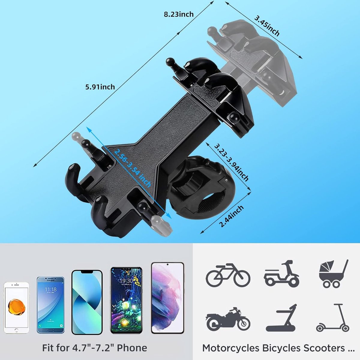 Motorcycle phone mount - Bicycle phone mount - Heavy-duty clamp for motorcycle handlebars - One-handed operation - Scooter phone mount - For phones from 4.7" to 7.25" - Image 3