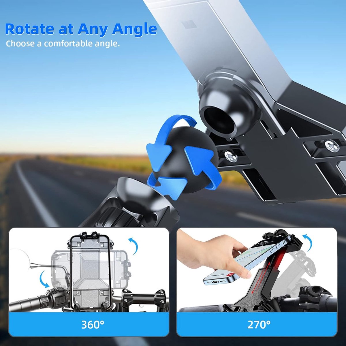 Motorcycle phone mount - Bicycle phone mount - Heavy-duty clamp for motorcycle handlebars - One-handed operation - Scooter phone mount - For phones from 4.7" to 7.25" - Image 6