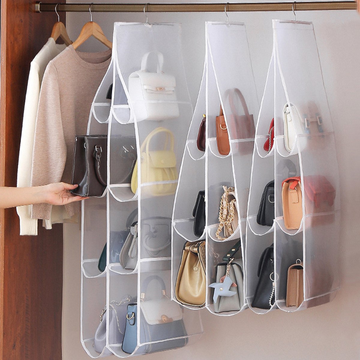 Hanging storage shelf - Closet organizer - Wardrobe organizer - 6 compartments - Suitable for handbags, clothes and toys (set of 3) - Image 2