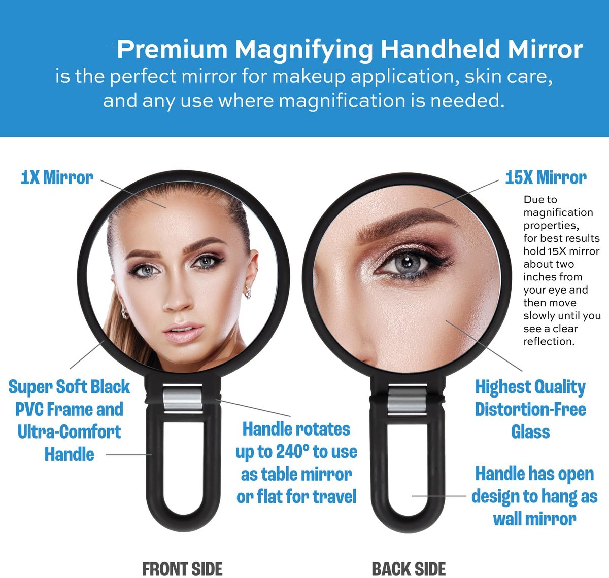 Pocket Mirror - 15x Magnifying Pocket Mirror - Pocket Mirror - Portable Travel Mirror - Makeup Mirror - Beauty Mirror - with Handle - Round - Practical - Black - Image 2