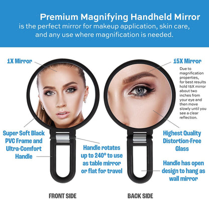 Pocket Mirror - 15x Magnifying Pocket Mirror - Pocket Mirror - Portable Travel Mirror - Makeup Mirror - Beauty Mirror - with Handle - Round - Practical - Black - Image 2