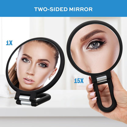 Pocket Mirror - 15x Magnifying Pocket Mirror - Pocket Mirror - Portable Travel Mirror - Makeup Mirror - Beauty Mirror - with Handle - Round - Practical - Black - Image 3
