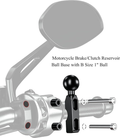 Aluminum alloy mounting base - with 1" TPU ball - for motorcycle brake/clutch reservoirs - compatible with dual mounting arms with 1" ball, size B mounting - black