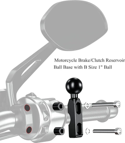 Aluminum alloy mounting base - with 1" TPU ball - for motorcycle brake/clutch reservoirs - compatible with dual mounting arms with 1" ball, size B mounting - black