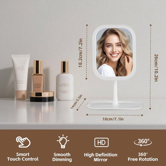 Makeup Mirror with Lighting – 3 Light Colors – Dimmable – Mirror with Lights – Smart Touch – USB Charging Port - Image 2