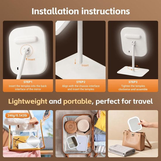 Makeup Mirror with Lighting – 3 Light Colors – Dimmable – Mirror with Lights – Smart Touch – USB Charging Port - Image 3