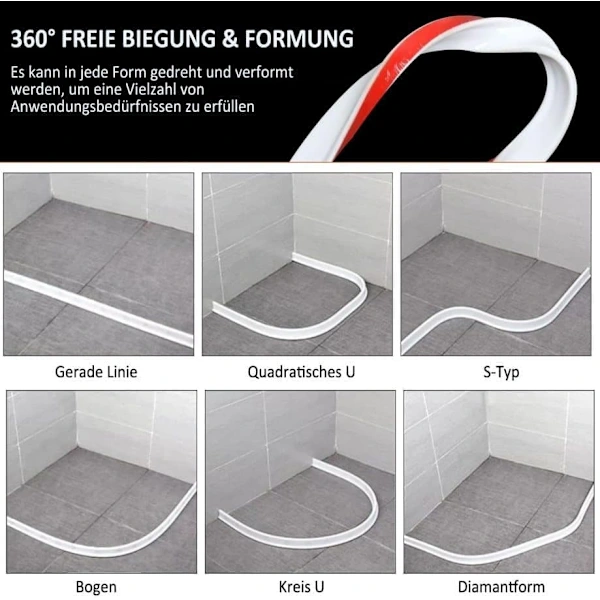 2m Self-Adhesive Shower Strip, 4cm High Waterproof Rubber Strip for Bathroom and Kitchen, Shower Threshold / Water Barrier White - Image 3