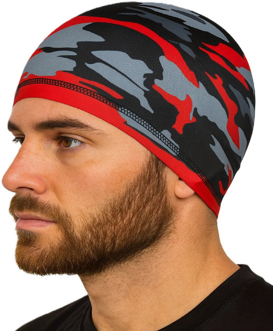 Motorcycle Beanie | Camouflage Cycling Beanie | Helmet Beanie | Bandana | Ventilated | Motorcycle Accessories | Helmet Hair Cap | Camo/Red