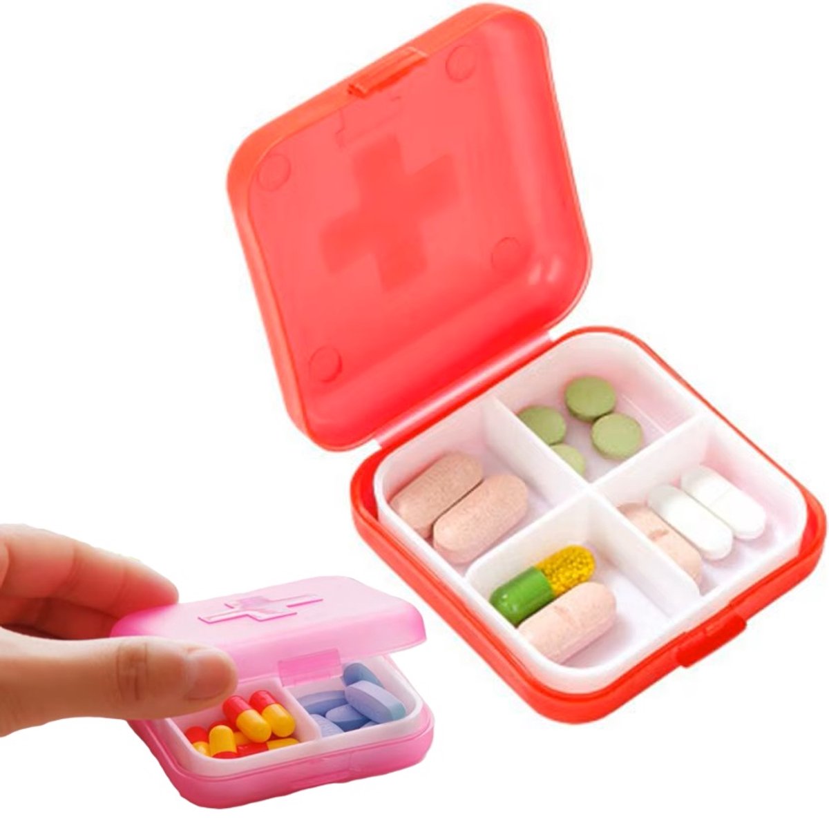 Medicine box | Pill box | Pill case | 4 compartments | Sealed | Red - Image 2