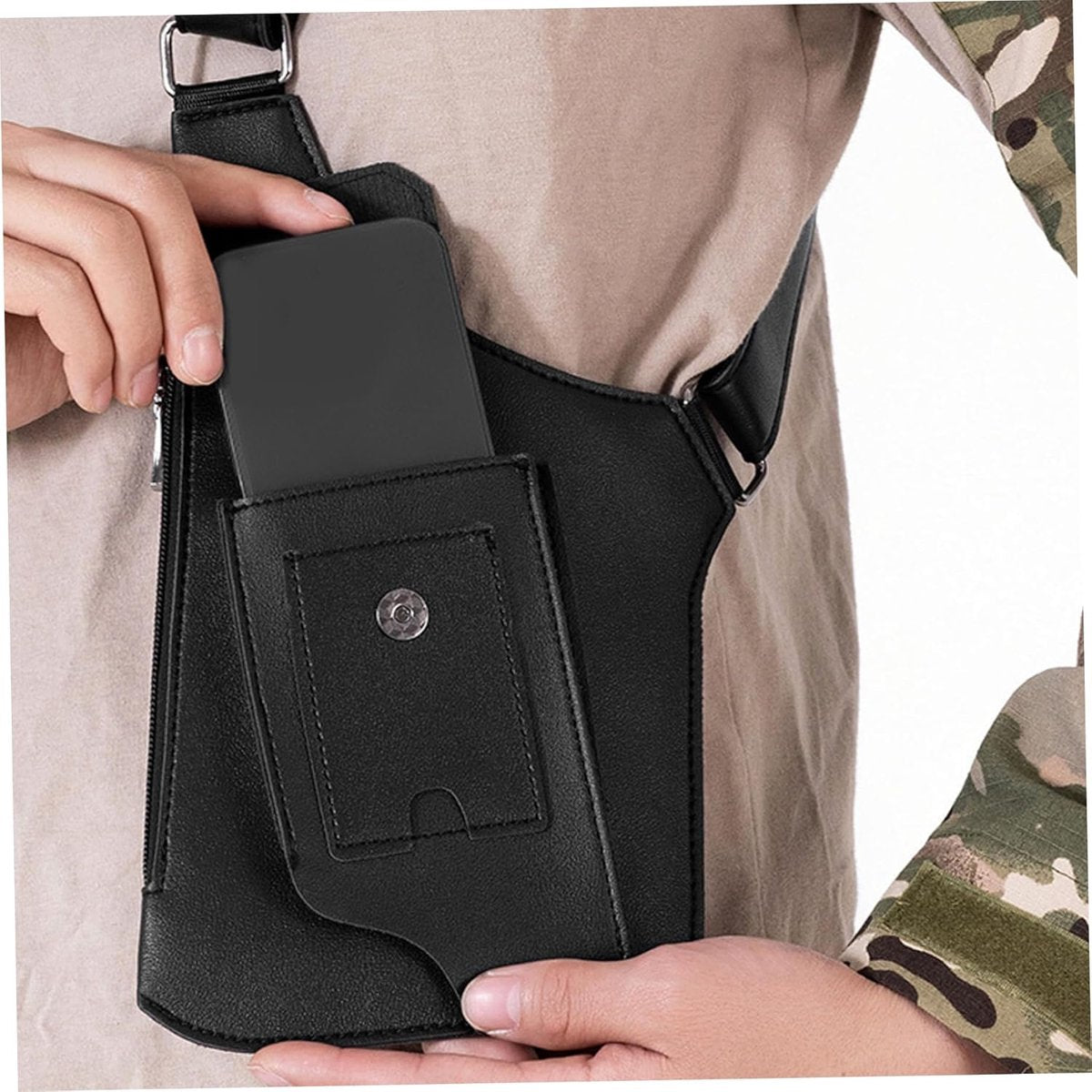 Shoulder bag with shoulder strap - leather shoulder pads - concealed leather wallet under the arm - adjustable pickpocket - accessories with double pockets, unisex leather protection - Image 5