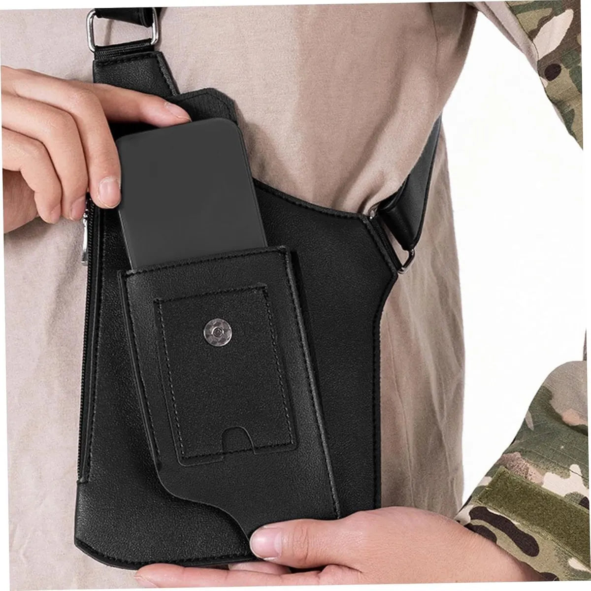 Shoulder bag with shoulder strap - leather shoulder pads - concealed leather wallet under the arm - adjustable pickpocket - accessories with double pockets, unisex leather protection - Image 5