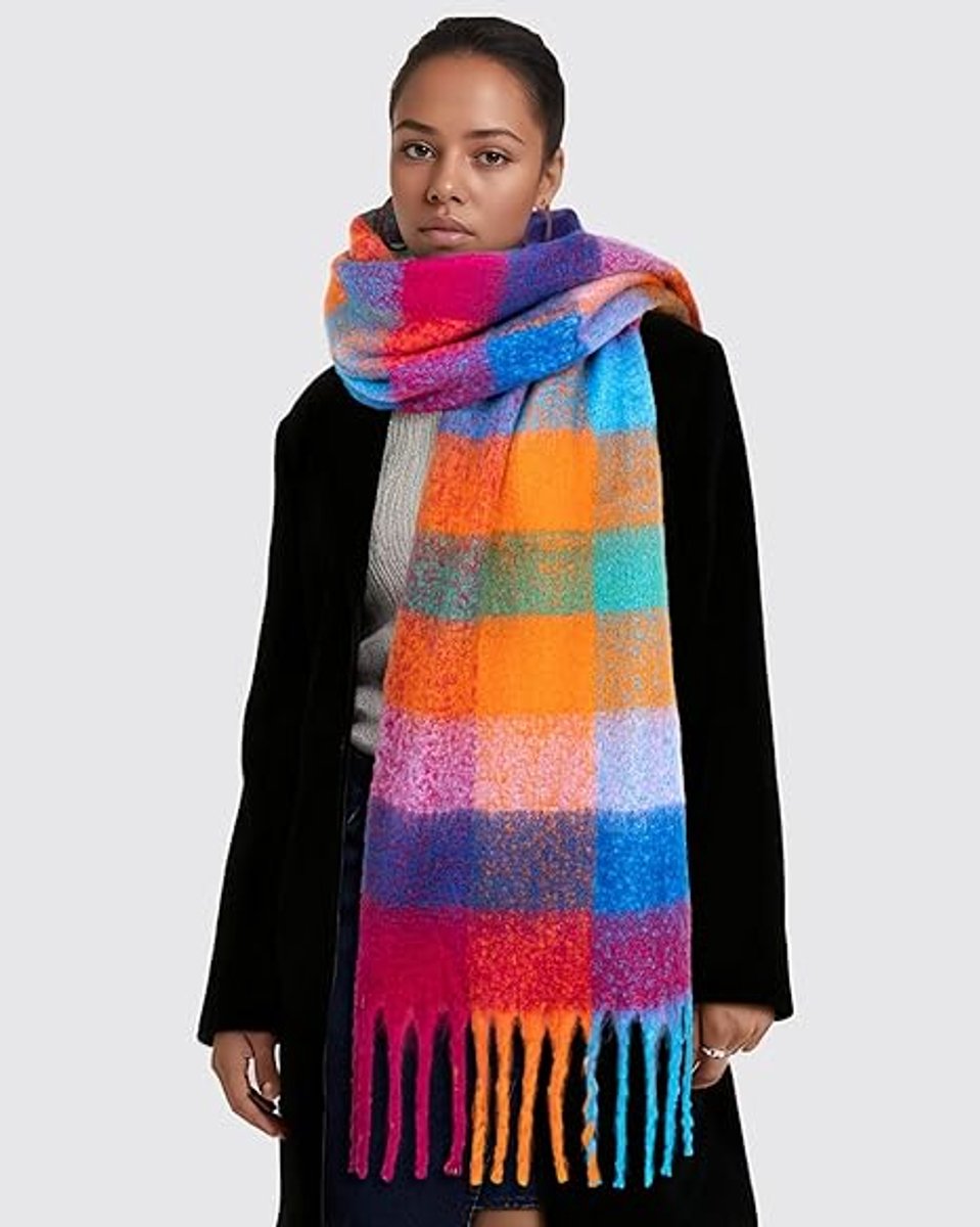 Colorful winter scarf for women - Warm, chunky knit and soft checkered scarf - Blanket scarf - Trendy Christmas gift - Gift for her - Image 3