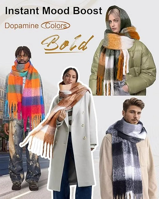 Colorful winter scarf for women - Warm, chunky knit and soft checkered scarf - Blanket scarf - Trendy Christmas gift - Gift for her - Image 5