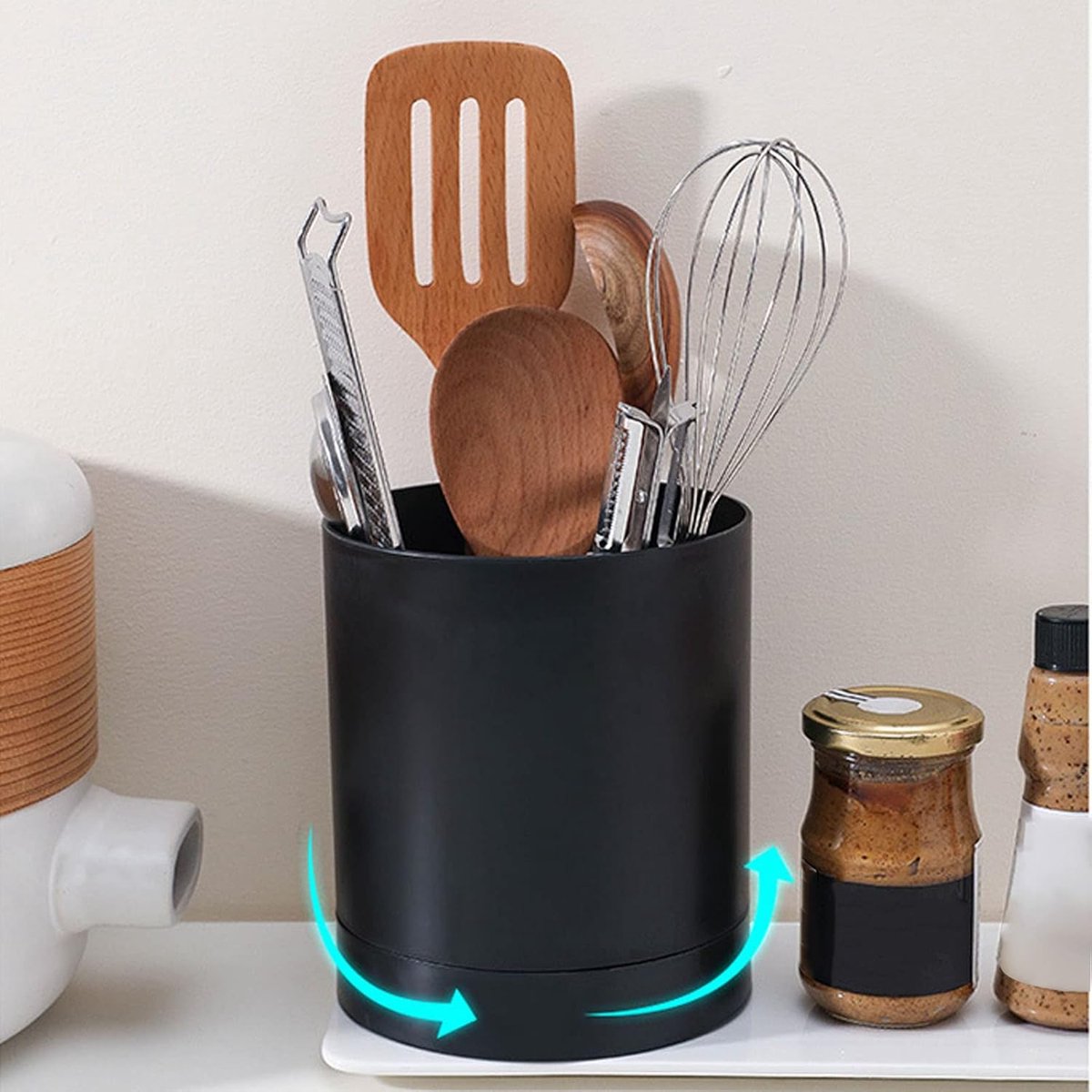 Kitchen utensil holder, large countertop kitchen utensil holder, 360-degree rotating simple chopsticks basket, kitchen cutlery holder with compartment design for home (black) - Image 2