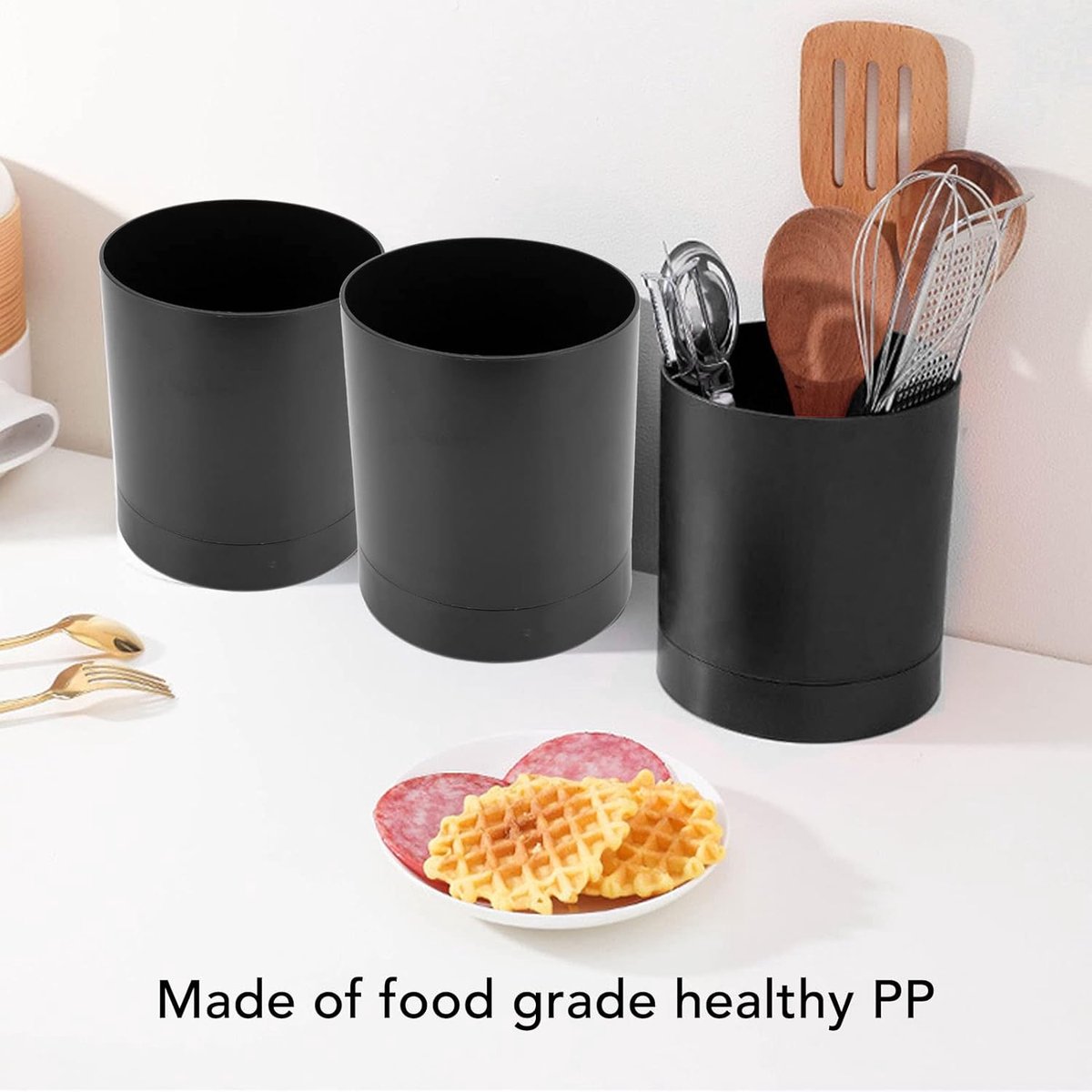 Kitchen utensil holder, large countertop kitchen utensil holder, 360-degree rotating simple chopsticks basket, kitchen cutlery holder with compartment design for home (black) - Image 3