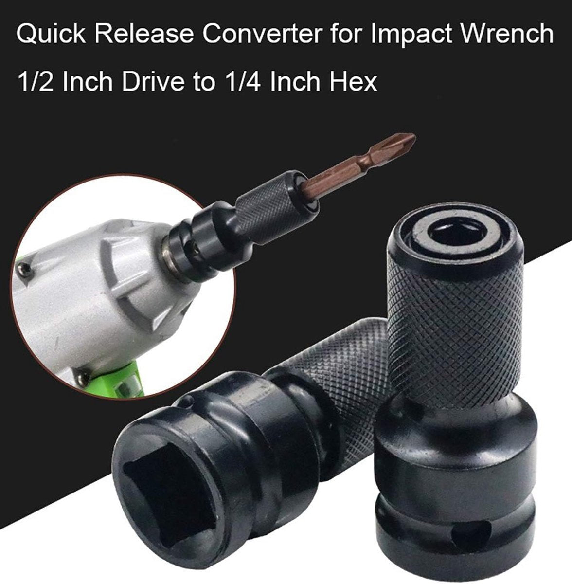 2-Pack Screwdriver Adapter - 1/2 inch Square Drive to 1/4 inch Hex Female - Suitable for Impact Air and Electric Wrenches - Black Hardened Steel Connector - Universal Tool Adapter - Image 2