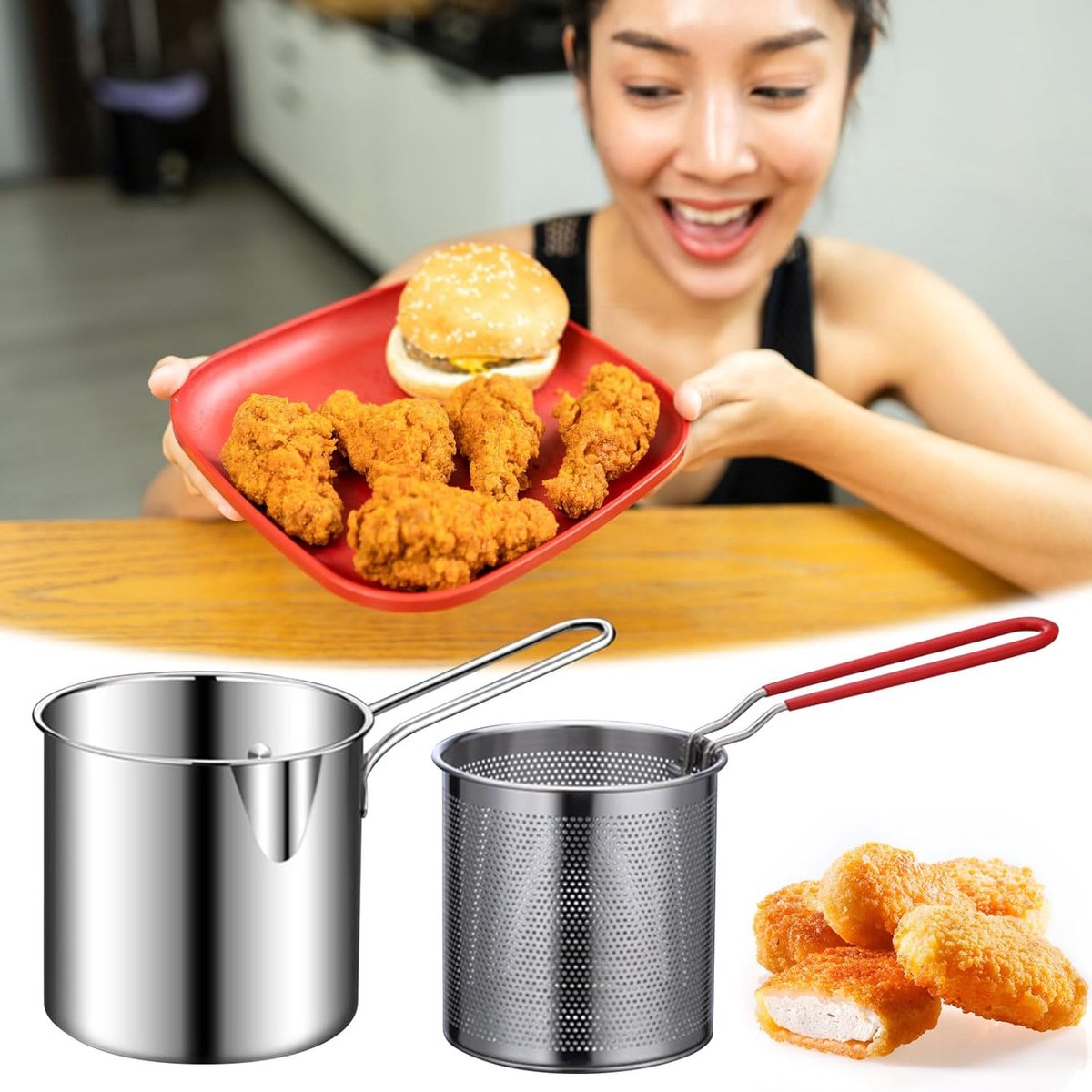 Stainless steel deep fryer - with frying basket and handle - durable, food-grade outdoor mini deep fryer - with perforated strainer - suitable for seafood, chicken, etc. - Image 5