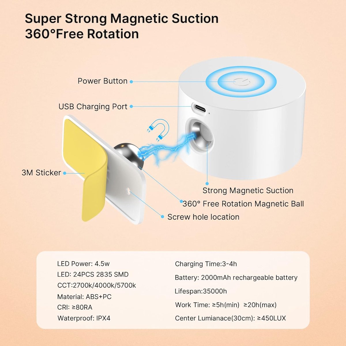 Wireless Rechargeable LED Wall Lamp Indoor White - 3 Colors/3 Brightness Levels - 360° Rotatable - Image 3