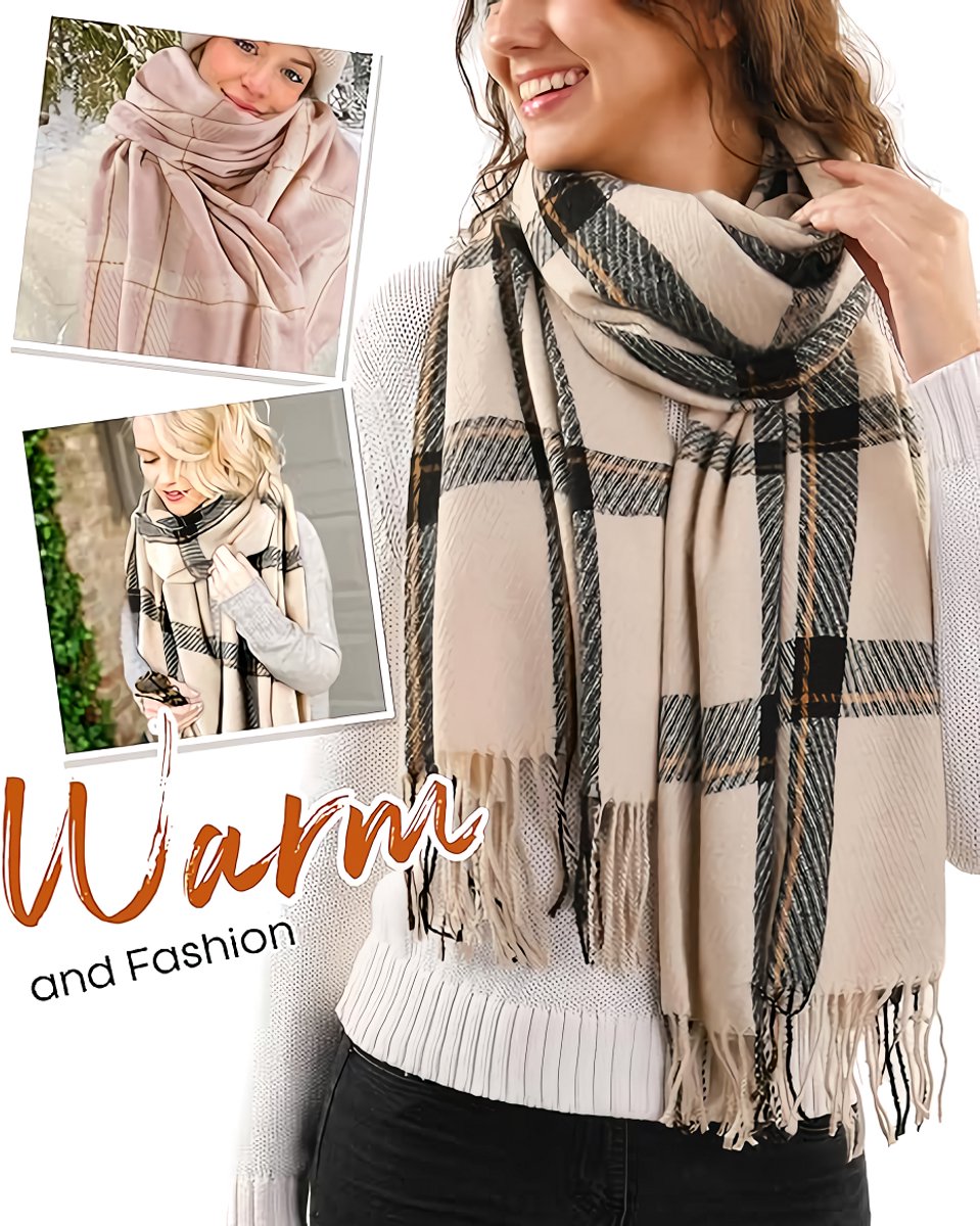 Women's Winter Scarf Cashmere Feel Scarf Fringes Checked Large Oversized Scarves Wraps (Green) - Image 2