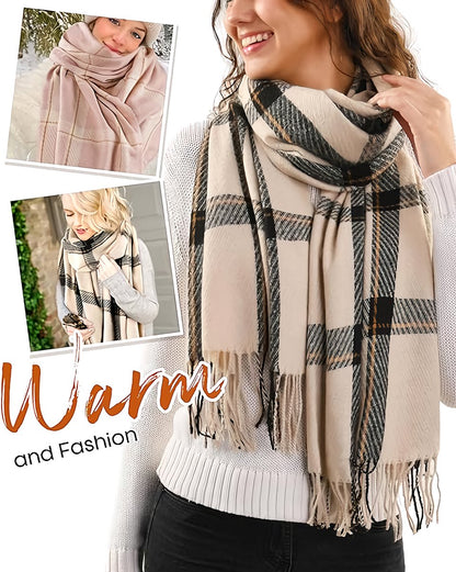Women's Winter Scarf Cashmere Feel Scarf Fringes Checked Large Oversized Scarves Wraps (Green) - Image 2