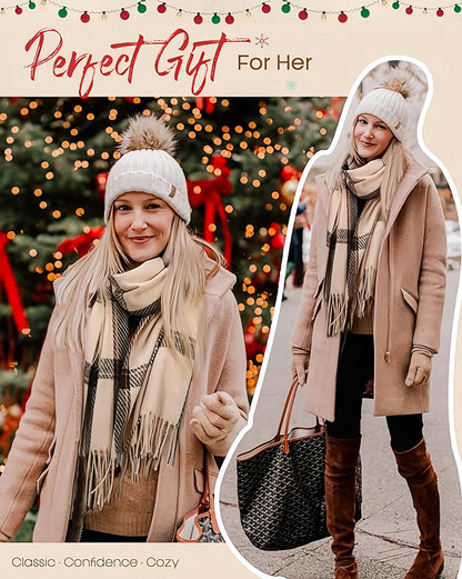 Women's Winter Scarf Cashmere Feel Scarf Fringes Checked Large Oversized Scarves Wraps (Green) - Image 3