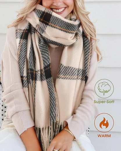 Women's Winter Scarf Cashmere Feel Scarf Fringes Checked Large Oversized Scarves Wraps (Green) - Image 4