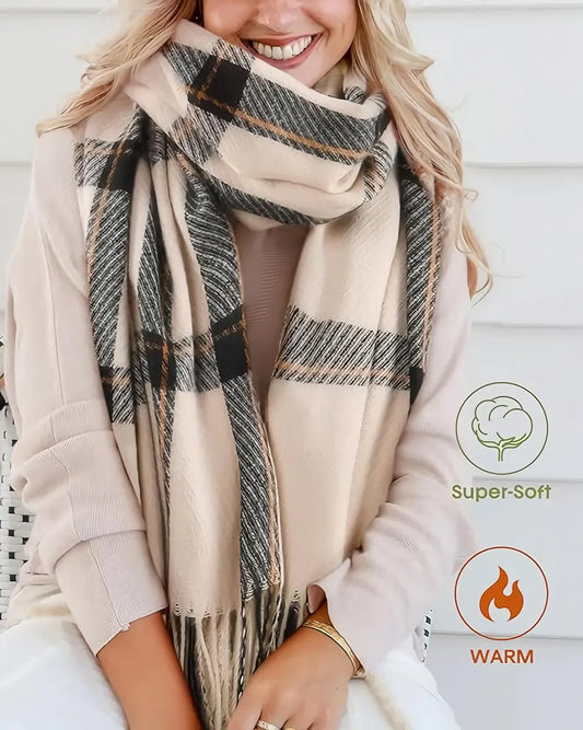 Women's Winter Scarf Cashmere Feel Scarf Fringes Checked Large Oversized Scarves Wraps (Green) - Image 4