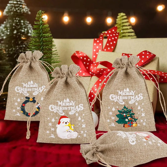 12 jute Christmas gift bags with drawstring - reusable linen bags - for holidays, birthdays, and New Year's parties - small candy bags as a treat - Image 3