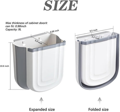 Foldable hanging trash can - Small 2.4 gallon waste bin for countertop and cabinet - Wall-mounted plastic waste bin for kitchen, bathroom, bedroom - Space-saving gray design - Image 2