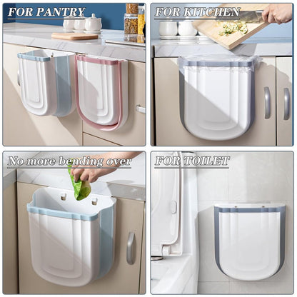 Foldable hanging trash can - Small 2.4 gallon waste bin for countertop and cabinet - Wall-mounted plastic waste bin for kitchen, bathroom, bedroom - Space-saving gray design - Image 5