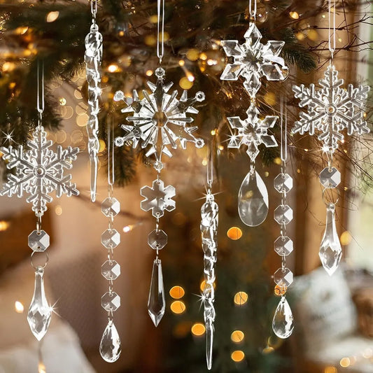 Indoor Christmas Decoration - Mix of Shapes - Acrylic Snowflakes and Icicles - Outdoor Christmas Decoration - Reusable Christmas Ornaments - Suitable for Christmas trees, winter wonderland, and chandelier decorations (18-piece)