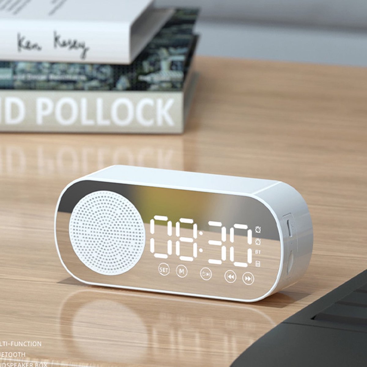 Bluetooth speaker alarm clock - with LED mirror display, radio, weather forecast - two high-volume alarms - suitable for deep sleepers - white - Image 3