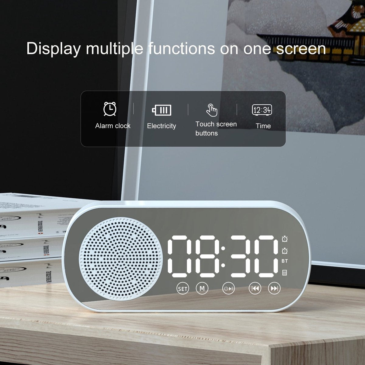 Bluetooth speaker alarm clock - with LED mirror display, radio, weather forecast - two high-volume alarms - suitable for deep sleepers - white - Image 4
