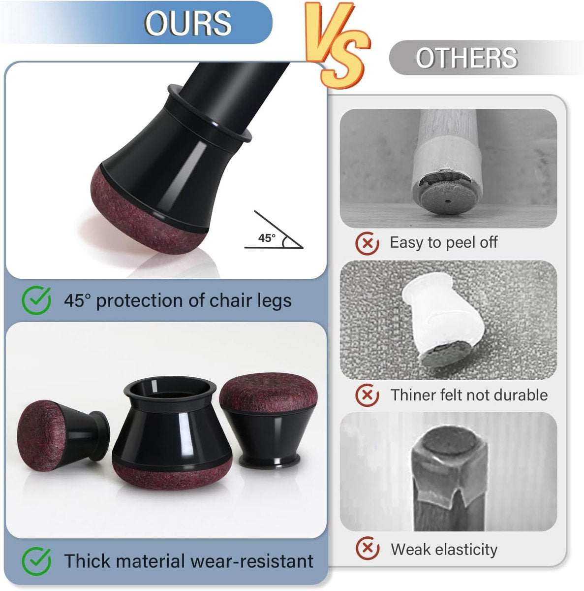 Chair Leg Caps - Chair Leg Protectors - 17-22mm - with Anti-Scratch Felt - Chair Leg Protectors - Floor Protection - Chair Leg Covers - 24 Pieces - Black - Round - Image 4