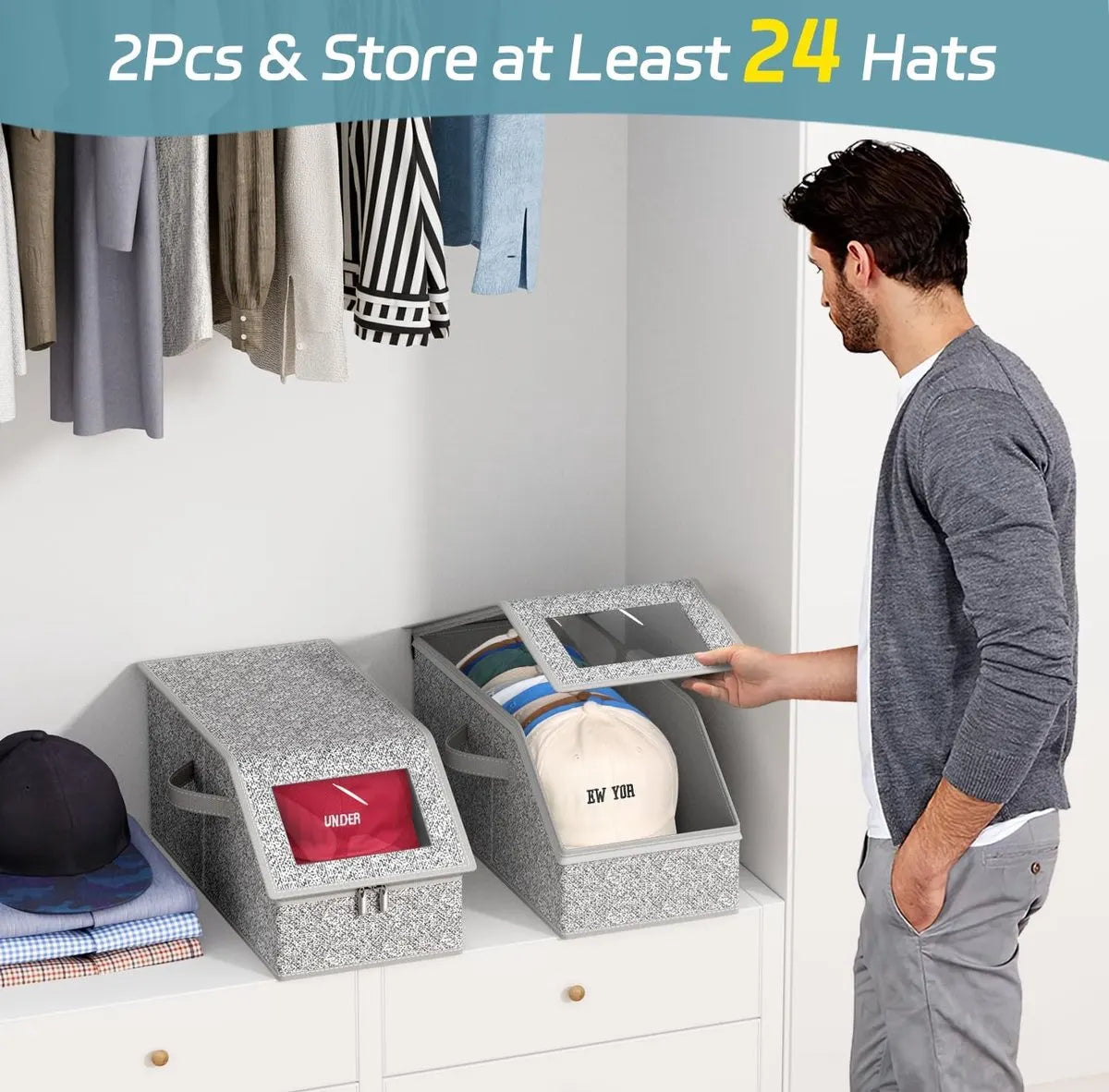 2-Pack Storage Boxes for Caps - Storage Solution for Up to 24 Baseball Caps - Stackable 2-in-1 Hat Box - Image 3
