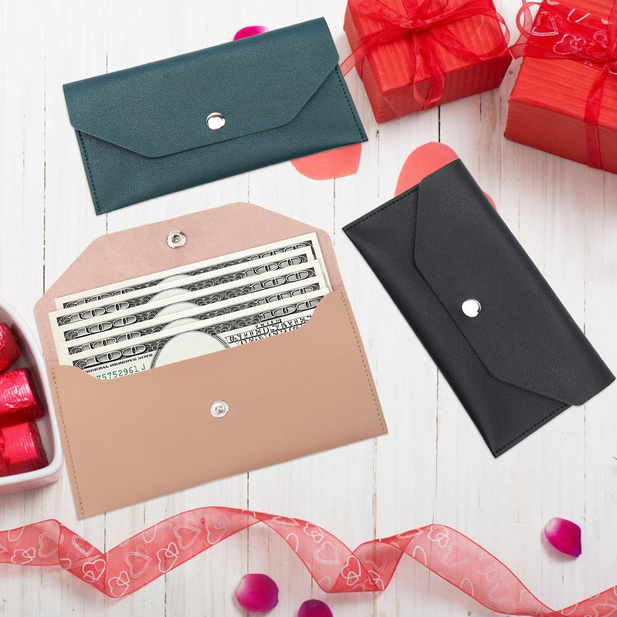 PU leather money envelope bag - 3 reusable budget envelopes for spring festivals, weddings, birthdays, graduations, and holidays (black, pink, dark blue) - Image 5